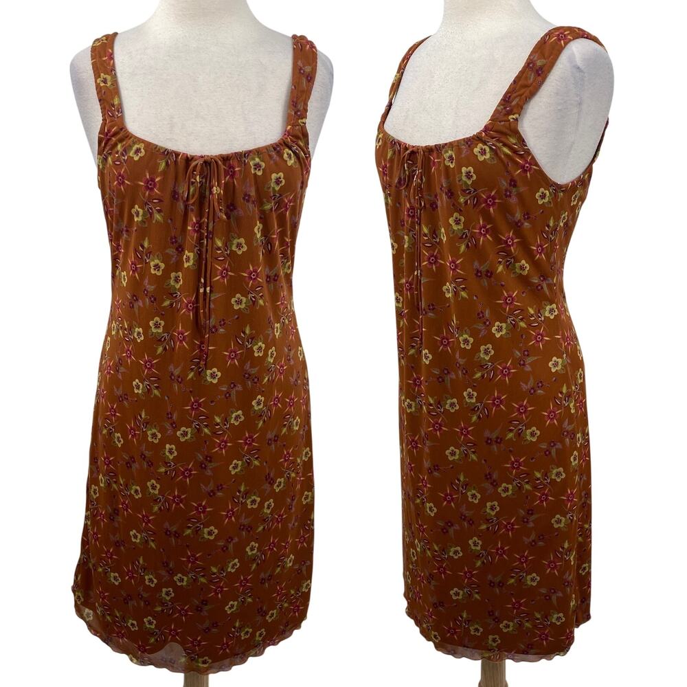 Vintage Y2k American Eagle Floral Mini Dress Babydoll Tie Front Neckline Orange